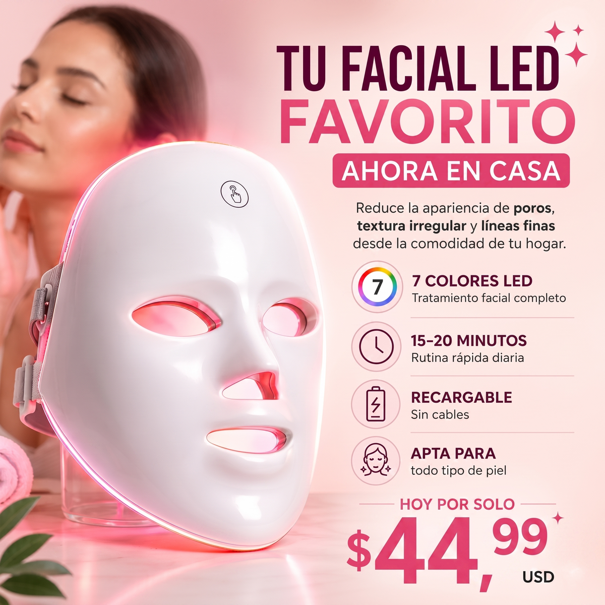 Máscara LED Facial 7 Colores Terapia Luz - Anti Acné Anti Arrugas