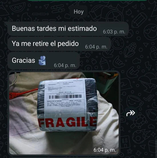 WhatsApp — Ya me retire el pedido. Gracias — paquete FRAGIL